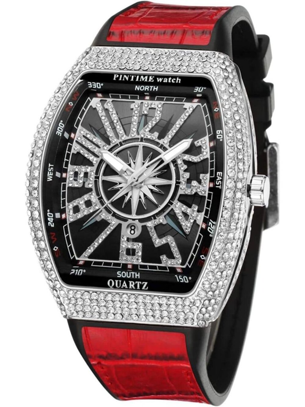 Stylish Men's Skull Rectangle Quartz Watch with Leather Strap & Diamond Accents